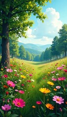 Obraz premium Dreamy landscape of wildflowers amidst whispering trees, landscape, gentle hues, floral