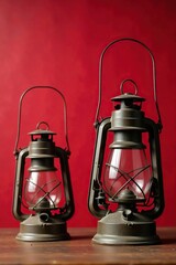 Vintage-inspired metal lanterns with worn-out wick holders against an abstract red background, old, aged, lantern