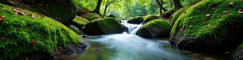 Obraz premium Water flows over moss-covered boulders in secluded forest clearing, rock, leaves, forest