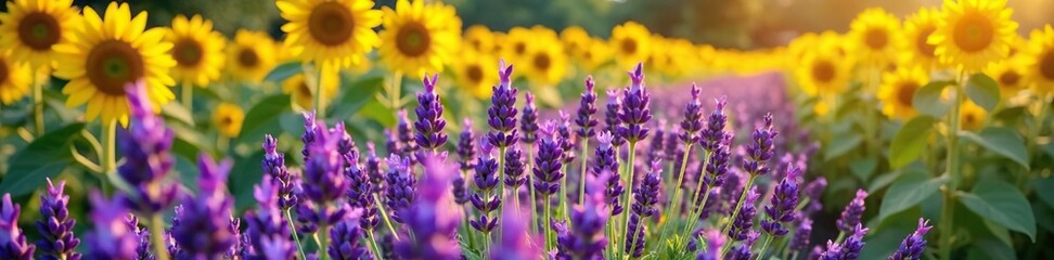 Obraz premium Field of lavender blooms amidst tall yellow sunflowers, garden, sunflowers, field