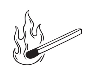 Burning match hand drawn doodle icon, simple line match drawing sketch, design outline element.