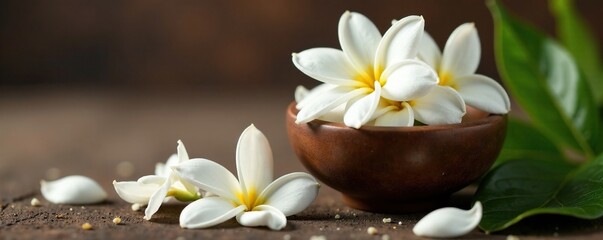 Fototapeta premium Freshly picked jasmine flowers in a small, ceramic perfume pot, petals, earthy