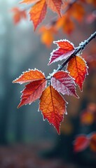Obraz premium Frosted leaves cling to tree branches in shades of orange and red during autumn, climate, weather