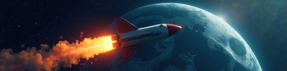 A rocket ship with bright lights and engines against a dark moonlit background, orbit, cosmos