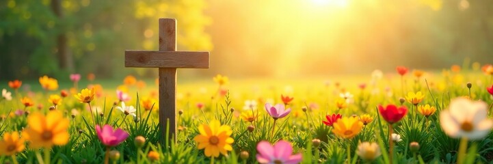Obraz premium A serene and idyllic scene of a sunny meadow with a simple wooden cross amidst an explosion of colorful spring blooms, peaceful, meadow, serene sunrise