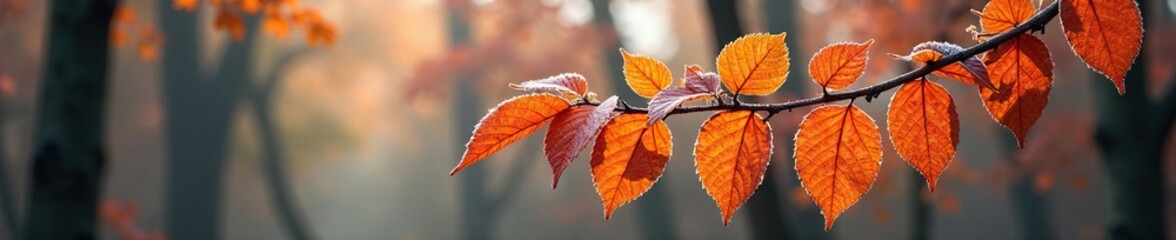 Obraz premium Frosty orange leaves on Physocarpus opulifolius diabolo tree, forest scenery, orange foliage