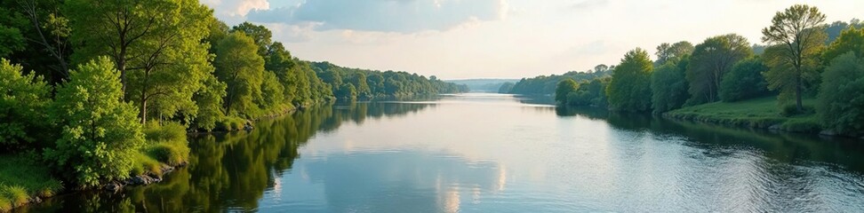 Gentle stream flows into the vast expanse of the Volga River, distance, peaceful, water