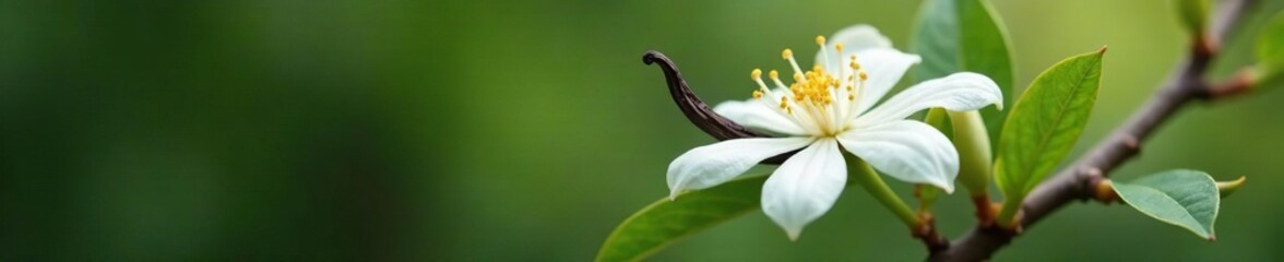 a single vanilla pod peeking out from behind a blooming jasmine stem, botanical, jasmine, closeup