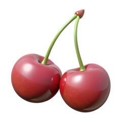 Two glossy red cherries with green stems, showcasing freshness and vibrancy, perfect for culinary uses or as a symbol of summer.