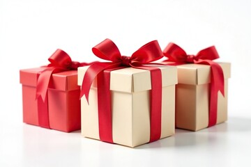 Fototapeta premium Gift boxes with red ribbons isolated on white background, gift boxes, environmentally friendly gift