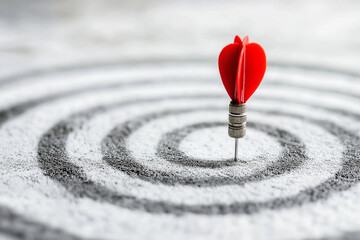 Dart in the middle of a bullseye reaching the target with good aim , success concept image