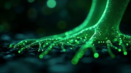 Abstract glowing green roots in dark soil.  Digital art representation of a complex root system.