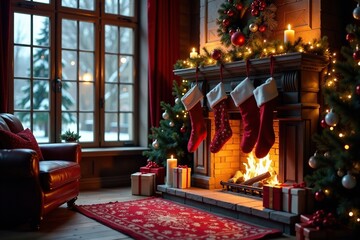 Cozy fireplace with stockings and gifts scattered around, mantel, gift, winter wonderland