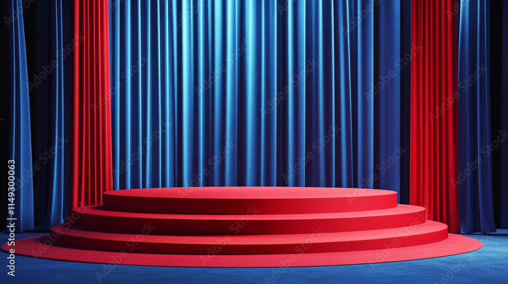 Poster stage setup with red and blue theater curtains for performance event.