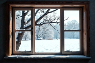 Old wooden window with a bare tree branch and snow-covered landscape outside, old wood, cold weather