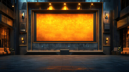 Fototapeta premium A modern interior featuring a large illuminated orange display screen.