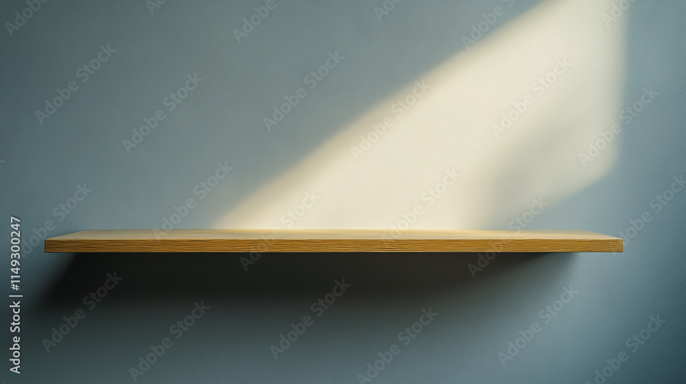 Poster wooden shelf with soft sunlight illuminating a wall in a minimalistic space.
