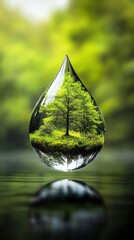 This stunning image captures a water droplet reflecting a vibrant tree landscape, symbolizing the beauty of nature intertwined with the fluidity of water, inviting contemplation and connection.