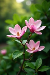 Fototapeta premium Pink magnolia flowers blooming in a lush green garden, floral, green, lush