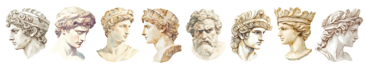 Watercolor ancient statue png cut out element set, transparent background