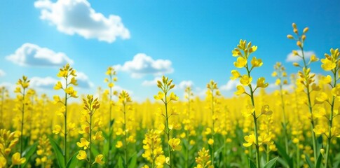 Obraz premium Field of golden wattle flowers with green leaves against a bright blue sky, outdoor, nature, natural scenery