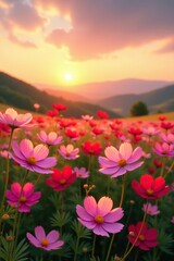 Obraz premium Field of pink cosmos flowers against a warm sunset golden light with gentle hills in the background, floral landscape, countryside