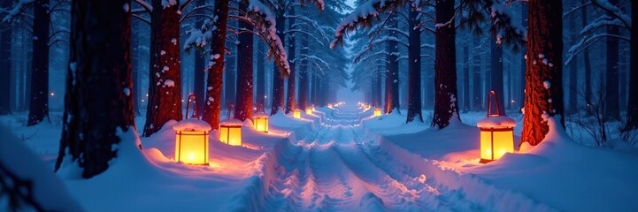 Snowy forest with glowing lanterns along the path, glow, glowing path