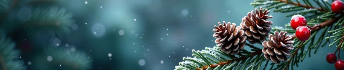 Fototapeta premium Glittering pinecones on a frosted pine branch, red berries, frosted pine branches