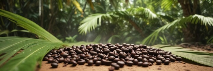 Obraz premium Steaming espresso coffee beans under palm leaves, green, leaves