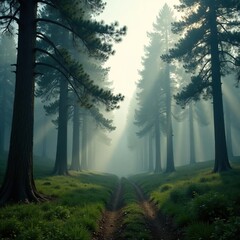 Fototapeta premium Misty forest landscape with tall trees and misty atmosphere, natural beauty, atmospheric conditions