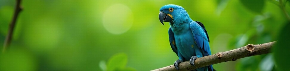 Obraz premium Vibrant blue macaw perched on a branch with green leaves, green foliage, feathered friend