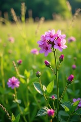 Phlox drummondii blooms in a lush meadow amidst tall grasses and wildflowers, meadow, landscape