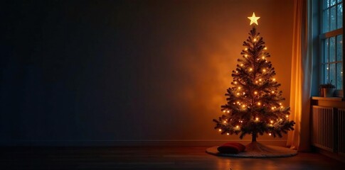 Warm and glowing Christmas tree in a darkened room, calming, soft light, glowing