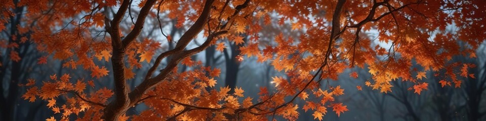 Warm candlelight dance across the leaves and branches of a maple tree, vibrant, branch, natural