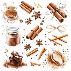 Watercolor illustration of assorted spices including cinnamon sticks, star anise, and brown sugar.