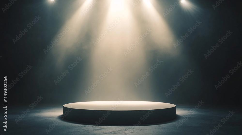 Poster spotlight illuminates an empty stage in a dark performance space.