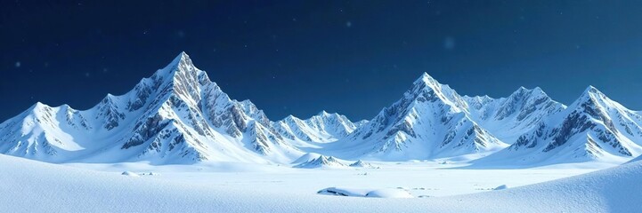 Snow-covered mountain range with glittering snowflakes and frosty peaks on a navy blue backdrop, icy terrain, snowy summits
