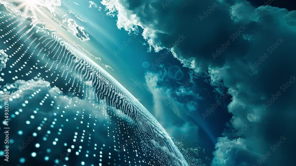 Poster big data is flowing in the cloudy sky, creating a futuristic landscape with a bright sun shining, sy