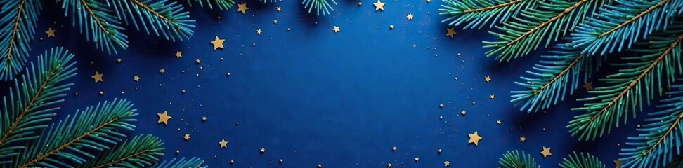 Blue background with gold starry night sky and pine branch arrangement, decorative elements, blue and gold decorations