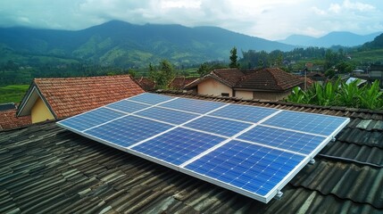 Solar power panel installed on a rooftop. Green energy. Electricity. Power energy pannels. Solar batteries production.