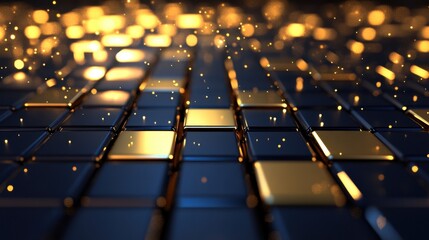 Fototapeta premium Abstract Gold and Black Cube Grid with Glowing Particles: A Digital Art Representation of Modern Technology and Innovation