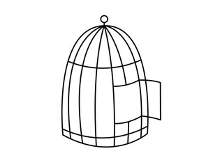 Open cage concept line doodle icon. Flat concept open cage of liberation, freedom sticker. Isolated on white background.