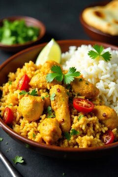 Chicken bryani fried rice served with a side of steamed basmati rice and naan bread, basmati rice, chicken fried rice