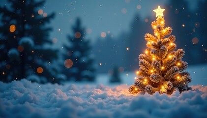 Twinkling golden Christmas lights adorn a frosty winter landscape with a dark blue bokeh effect, landscape, golden