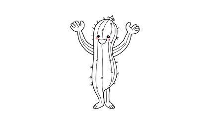 Obraz premium “Dancing Cactus Outline Only, No Fill Color, Thicker Line” – A doodle of a cactus with arms raised in a dancing pose, outlined with thick lines and no fill color on a white background. 