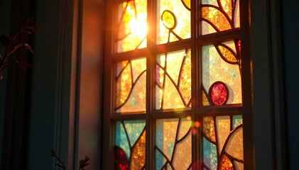 Dappled sunlight filtering through a stained glass window creates an ethereal effect, glint, reflections