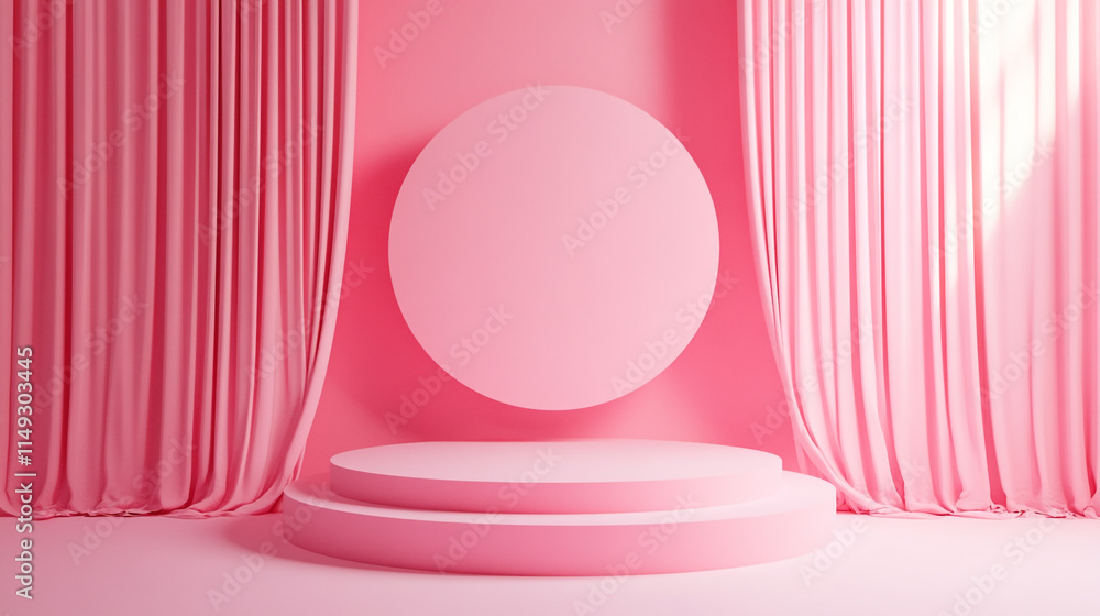 Poster creative setup with pink background and circular display in an artistic space.