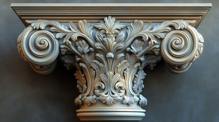 Ornate column capital with detailed scrollwork, floral patterns. Baroque style design. Decorative element reminiscent of antique architecture. Intricate carving evokes classic European culture.