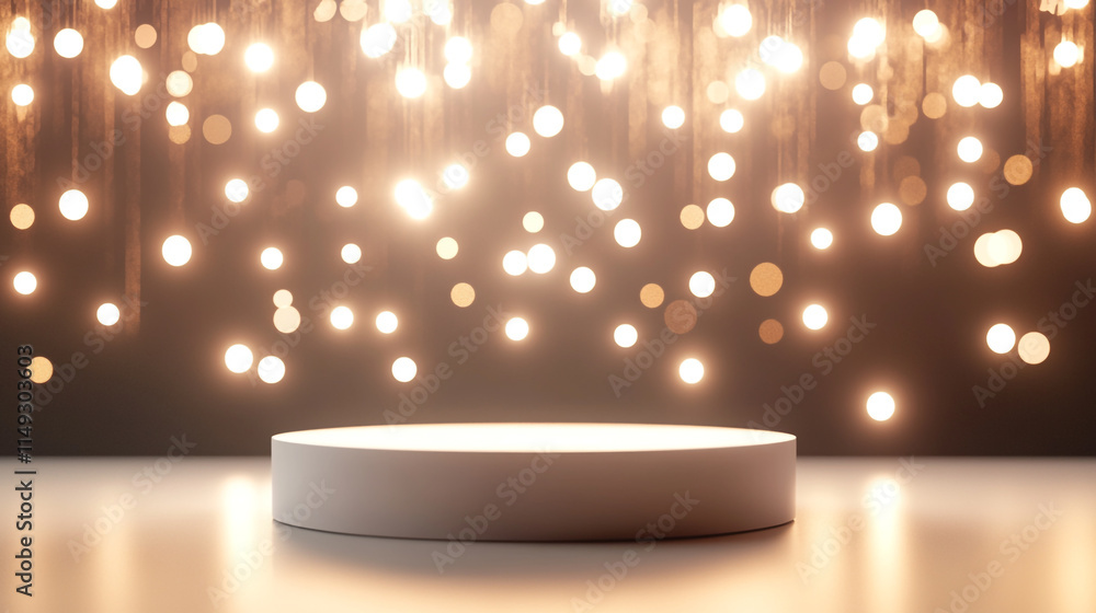 Poster circular platform illuminated by shimmering lights in a festive atmosphere.