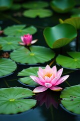 Water lily pad with water lily flowers on surface, greenery, herbaceous, lilies